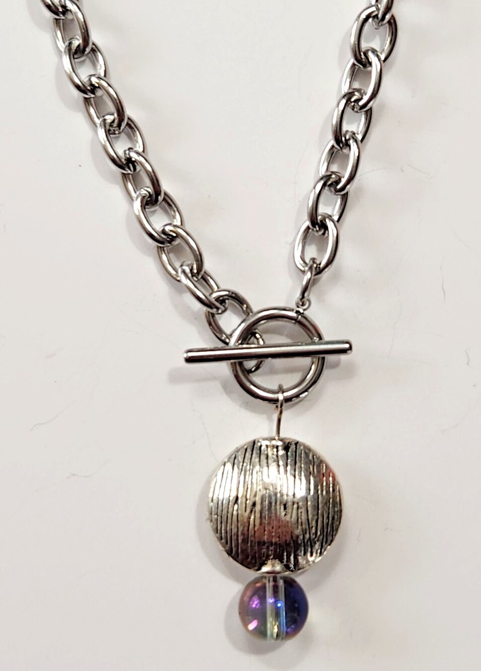 Front Toggle Clasp Pendant Necklace Silvertone Modern Minimalist Industrial